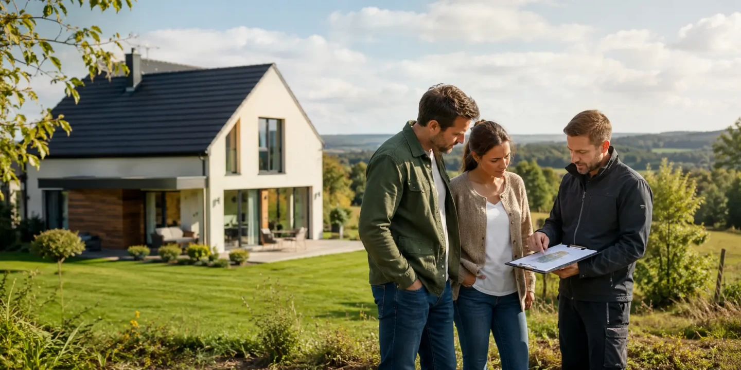 Propriétaires accompagnés par un professionnel pour choisir une solution d’assainissement individuel adaptée à leur maison