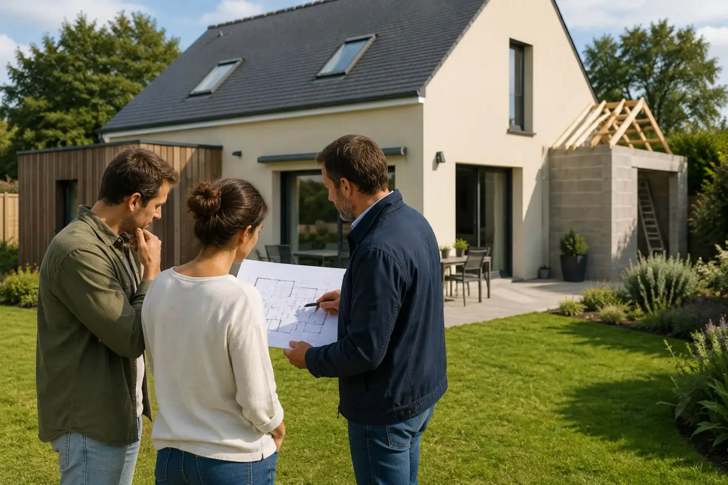 Couple échangeant avec un professionnel devant une maison en projet d’agrandissement pour anticiper le dimensionnement d’un assainissement individuel