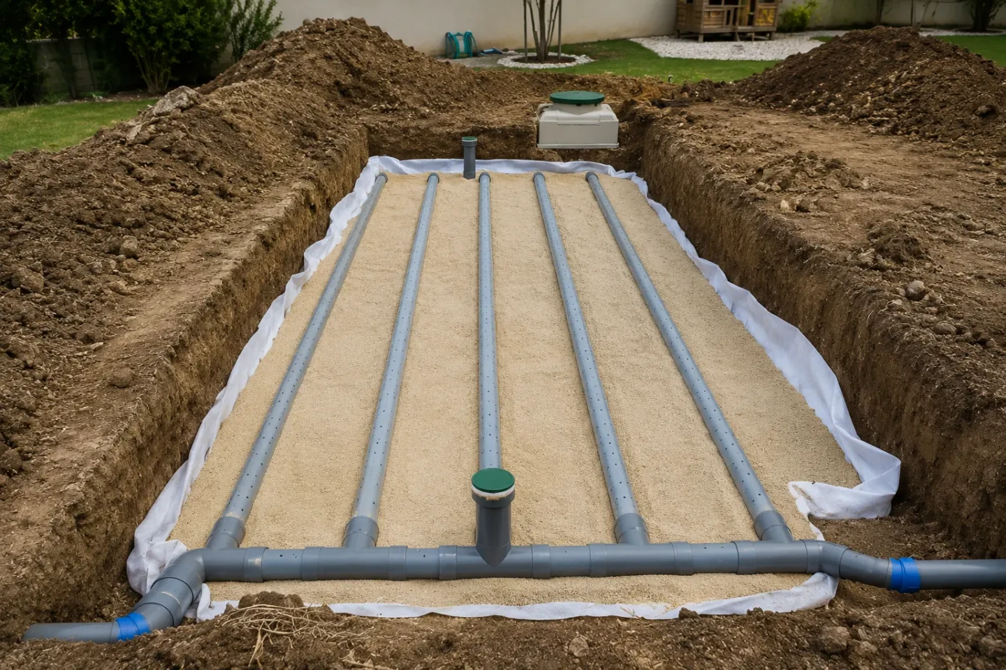 Filtre à sable drainé utilisé pour le traitement des eaux usées en assainissement non collectif