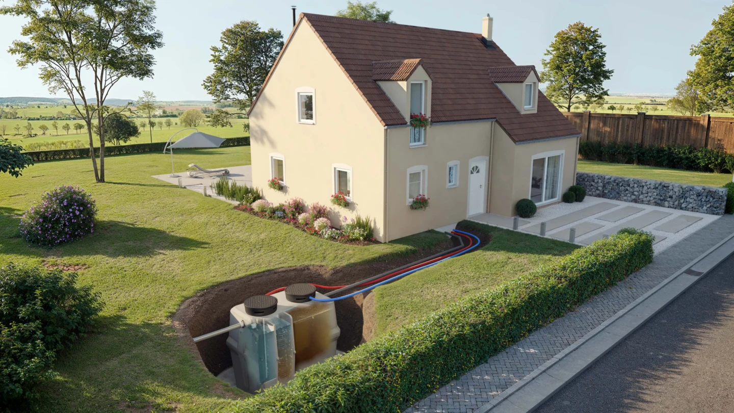 Micro-station d’assainissement oxyfix® installée dans le jardin d’une villa pavillonnaire avec visualisation du traitement des eaux usées