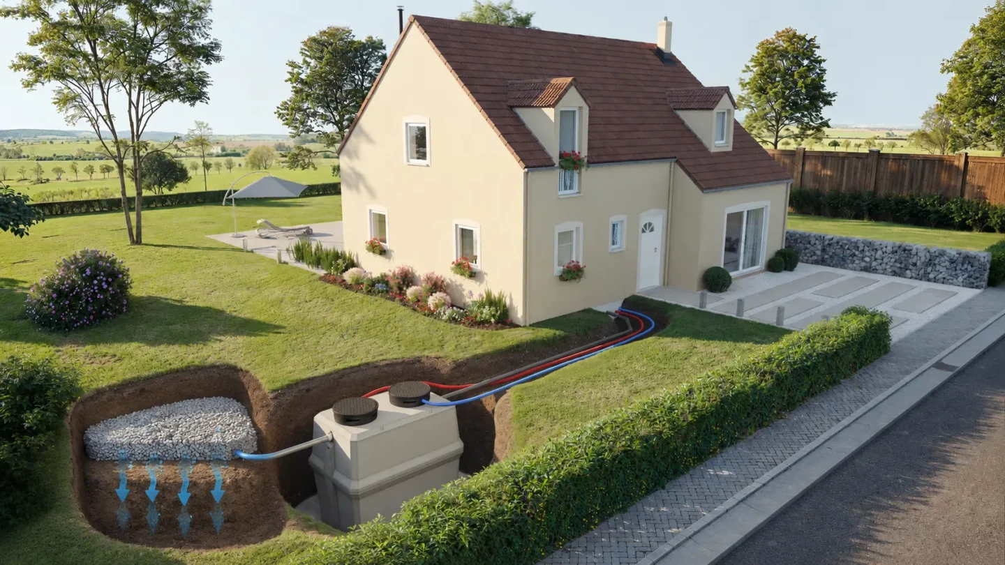 Illustration du traitement des eaux usées domestiques avec infiltration de l’eau traitée dans le sol après assainissement individuel
