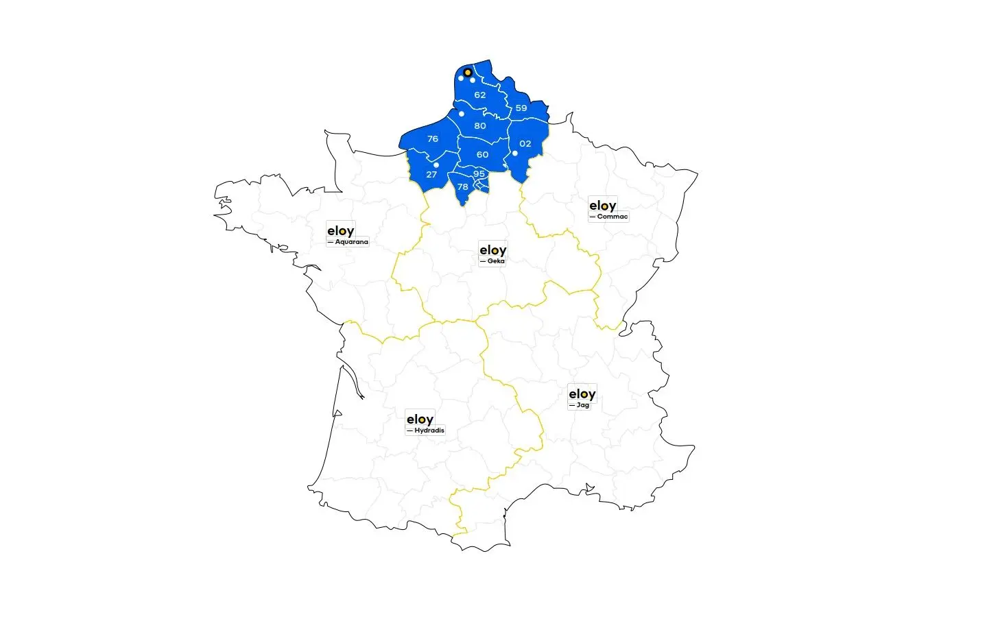 le nord de la France mis en évidence par la couleur bleue
