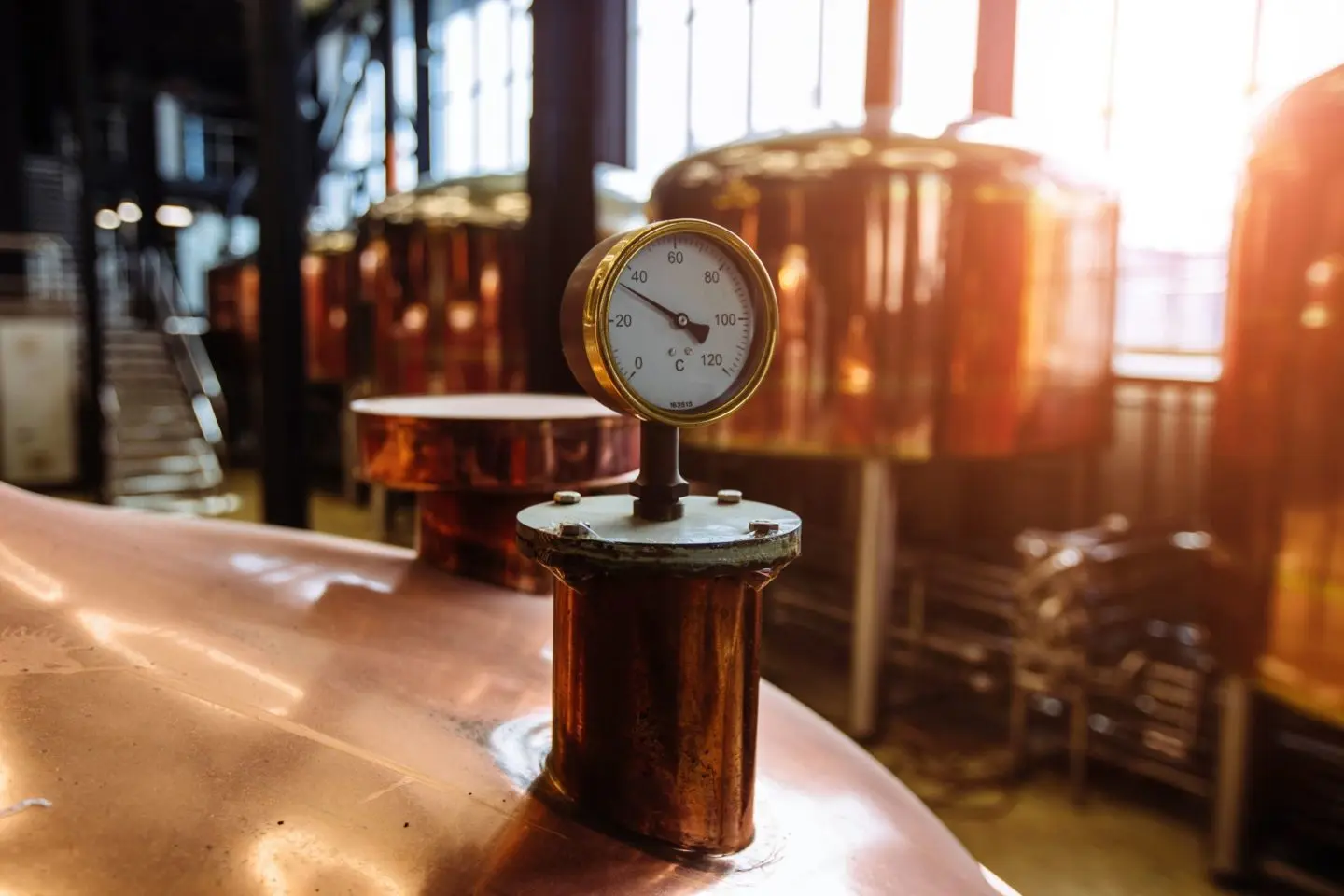 Intérieur d’une brasserie avec des cuves de brassage en cuivre et un manomètre