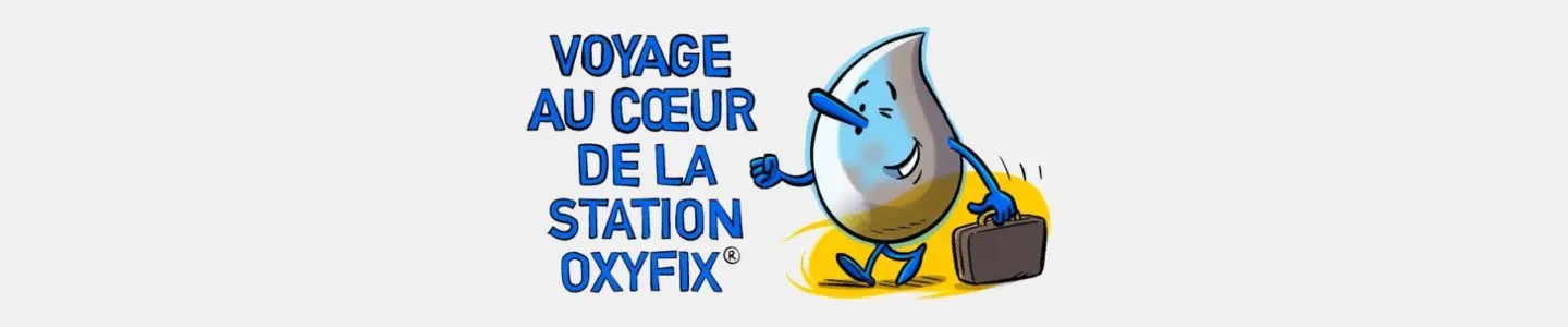 une goutte dessinée avec une valise qui part vers un voyage au cœur de la micro-station oxyfix®