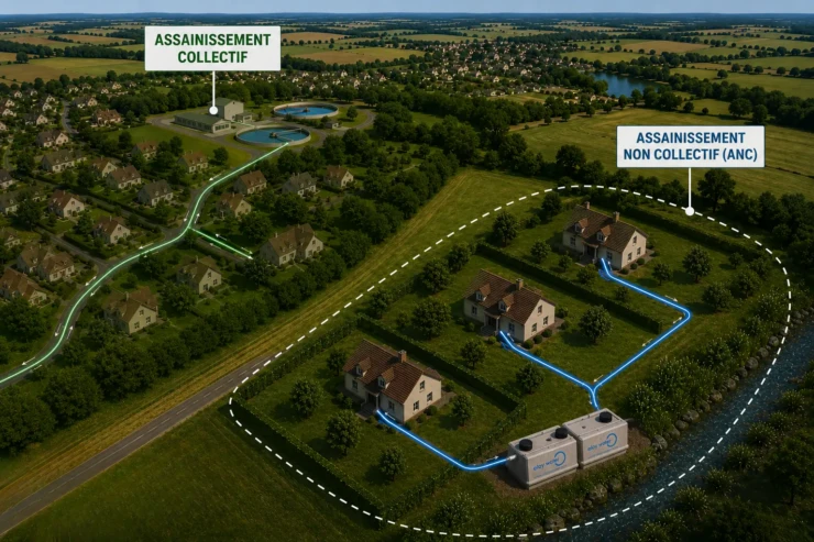 Illustration comparant un réseau d’assainissement collectif raccordé à une station d’épuration et un système d’assainissement non collectif traitant les eaux usées directement à la parcelle.