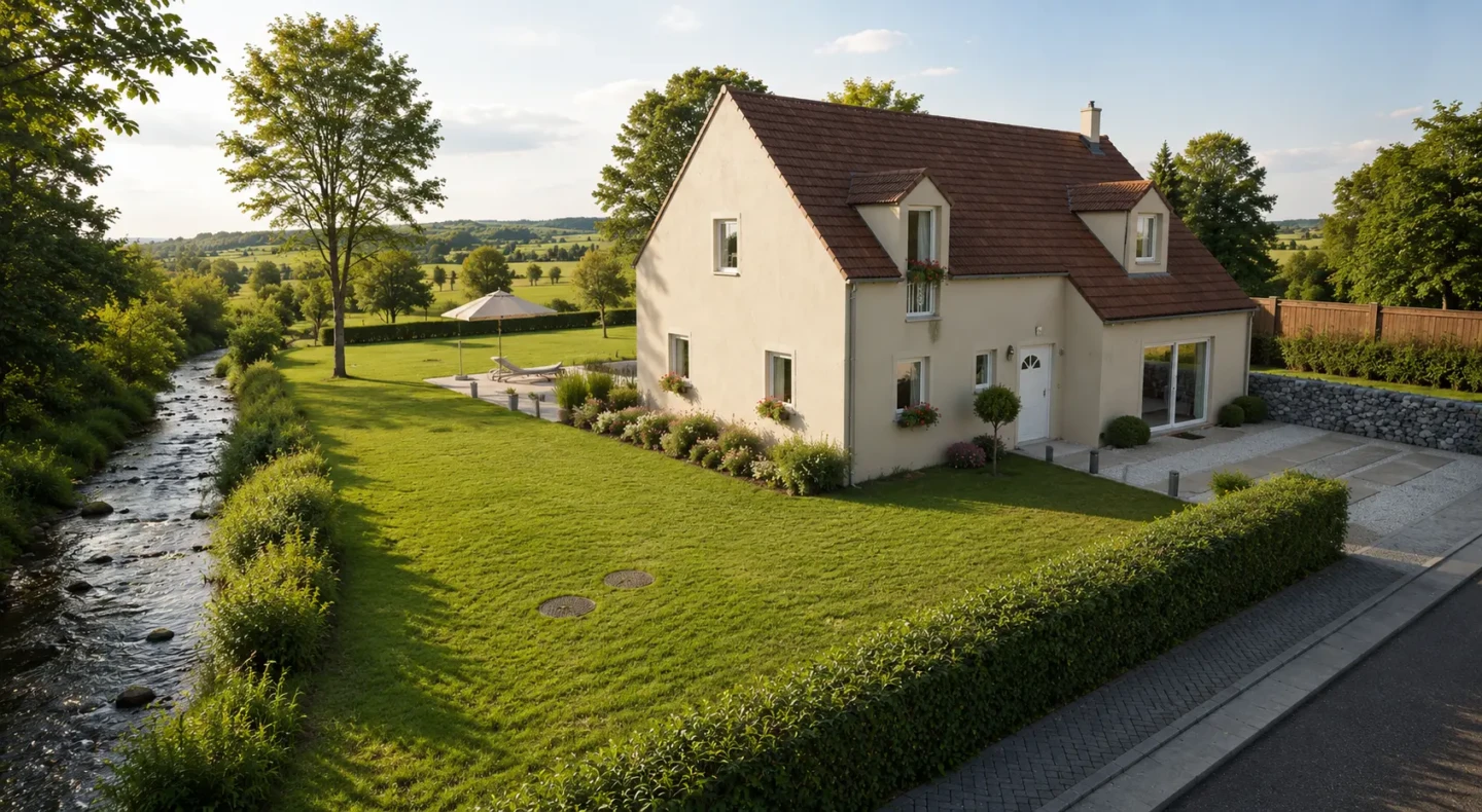 Maison individuelle équipée d'un système d'assainissement non collectif intégrée dans un jardin paysager en bordure de ruisseau