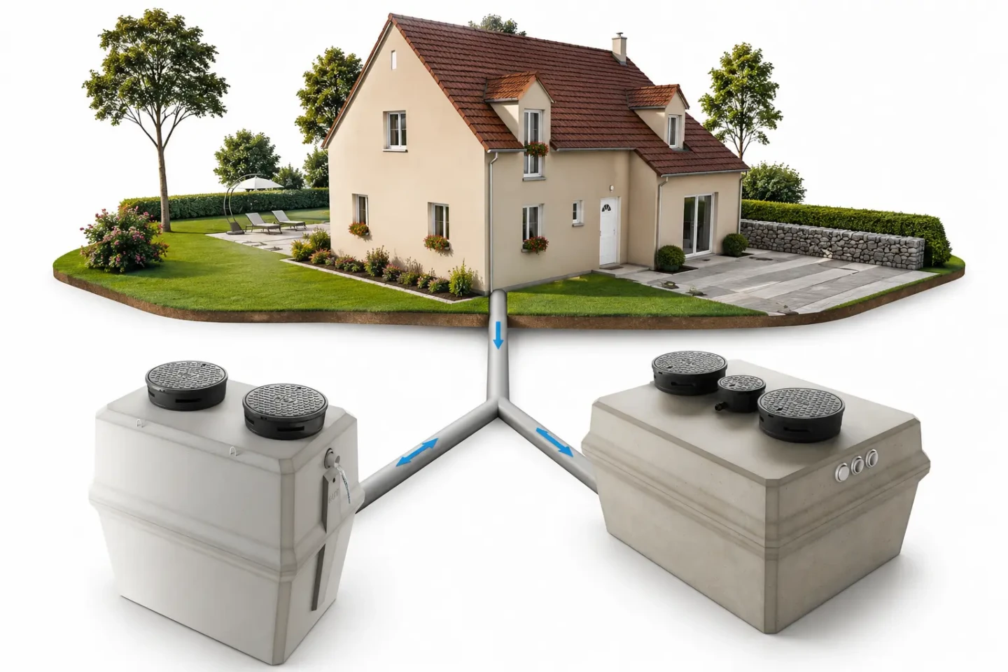 Illustration du choix entre une microstation oxyfix® et un filtre compact x-perco® flex pour traiter les eaux usées d’une maison individuelle.
