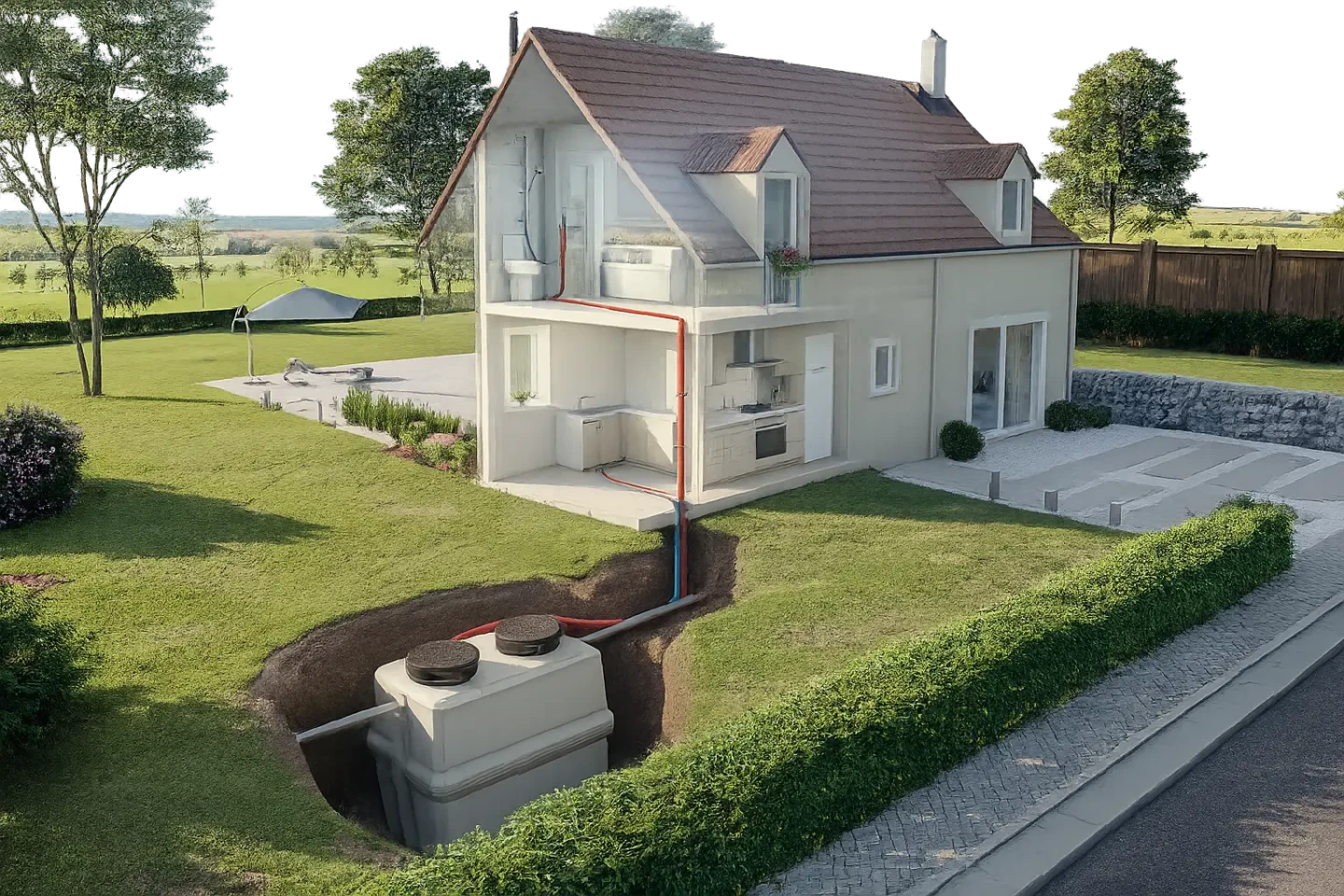 Illustration d’une microstation oxyfix® installée dans le jardin d’une maison, avec visualisation du circuit des eaux usées depuis la salle de bain, les WC et la cuisine.