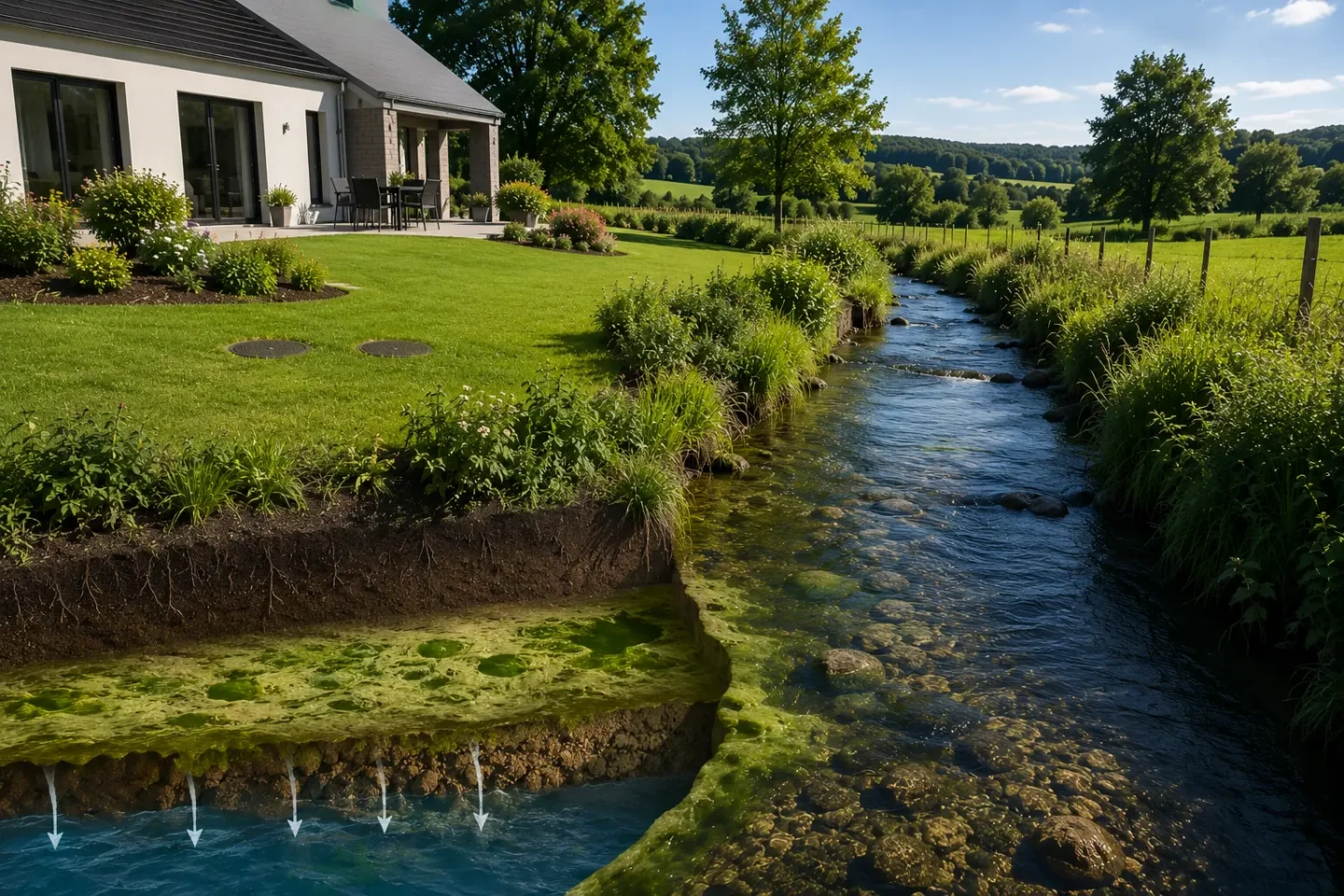 Pollution des eaux usées non traitées contaminant un cours d'eau et une nappe phréatique