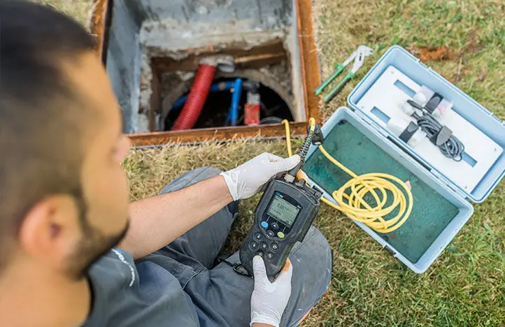 ouvrier réalisant l’entretien d’une micro-station d’assainissement